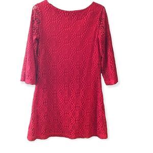 Sharagano 6 BOHO Red Lace Floral Textured Short Sleeve Relaxed Fit Sheath Dress